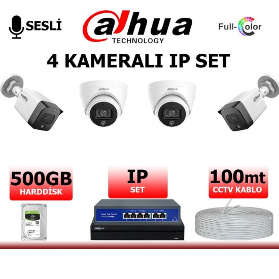 Dahua 2MP 4 kamerali IP kamera seti gece renkli sesli PoE sistem bullet dome